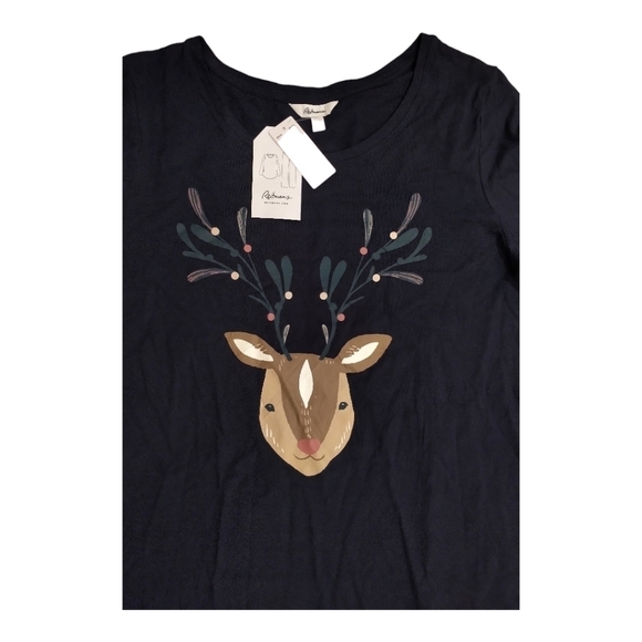 🌼NWT⭐Reitmans Sleepwear Long Sleeve Lounge T-Shirt Navy blue Cute cartoon Deer - Picture 7 of 15